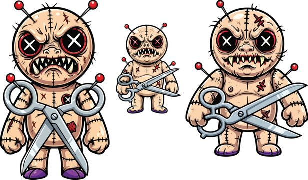 Creepy cartoon voodoo doll character with pins and stitches, featuring an angry expression and X eyes, sometimes holding sharp metal scissors, on transparent background. on transparent background
