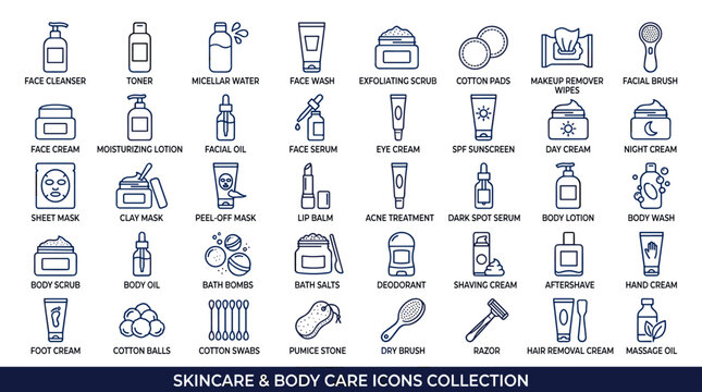 Collection of skincare and body care product icons for beauty and wellness