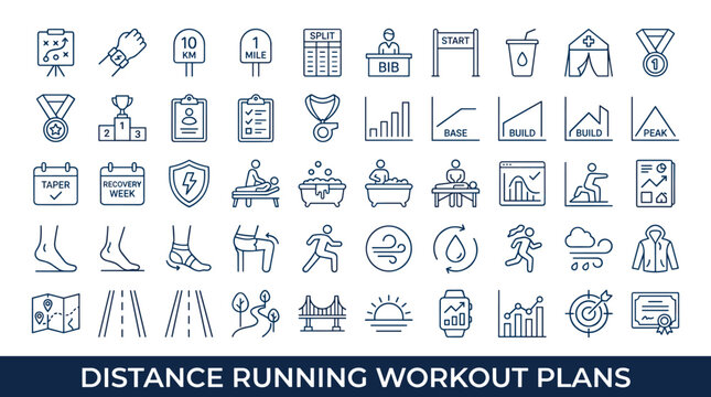 Collection of running workout plan icons and symbols for training and fitness