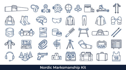 Nordic marksmanship kit icons: equipment and accessories for winter sports and shooting