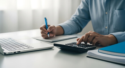 Fototapeta premium A person using a calculator and laptop to manage finances and conduct business accounting