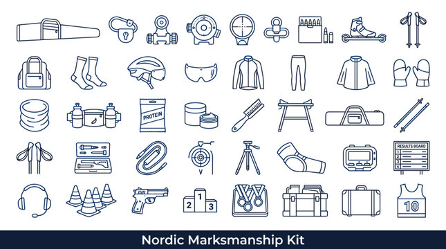Nordic marksmanship kit icons: equipment and accessories for winter sports and shooting