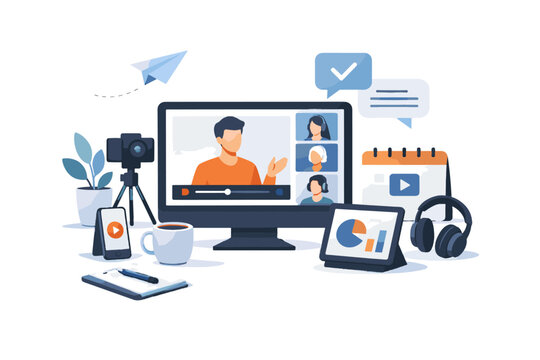 Online sticker style flat design icon virtual setup image conference vector simple generation platform
