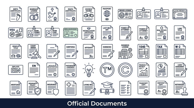 Collection of official document icons representing legal and administrative papers for various purposes