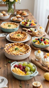 Rustic buffet table with assortment of Easter brunch dishes - quiche, fresh fruit salad, pastries, yogurt parfaits - in vintage ceramic bakeware