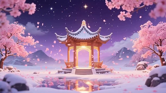 Snowy chinese pavilion glowing under cherry blossoms