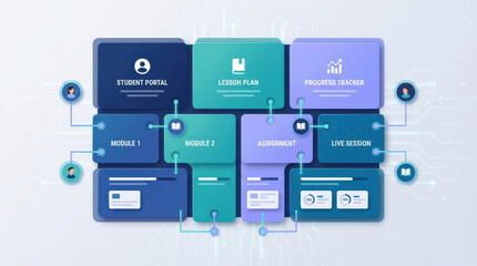 Fototapeta premium Distance education concept, geometric structured composition with modular rounded rectangles arranged in a clean grid resembling
