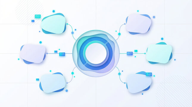 Distance education concept, minimal conceptual illustration with a central circular learning hub connected to several rounded