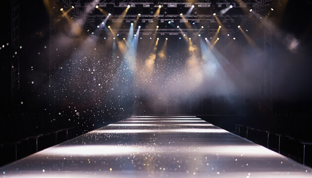 An empty fashion runway illuminated by bright spotlights and shimmering particles. The dark background is enhanced by dramatic lighting and stage effects, creating a glamorous show atmosphere.