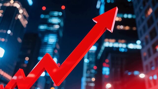 Red upward arrow chart over blurred city lights