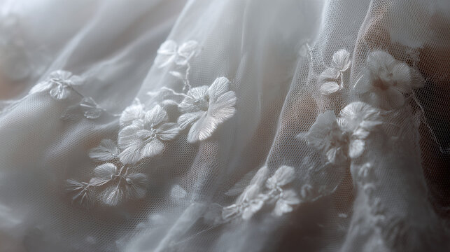 Macro shot of delicate white lace fabric with floral embroidery and soft mesh texture for wedding or elegant fashion background