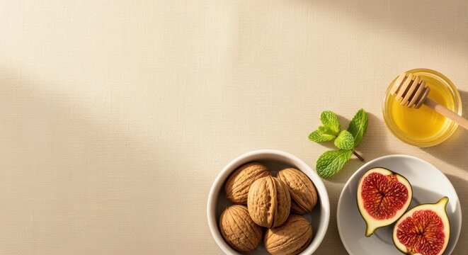 figs and walnuts with honey on beige tablecloth creating natural and delicious snack