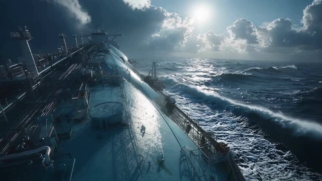 A massive gas tanker ship navigates through rough stormy ocean waves.