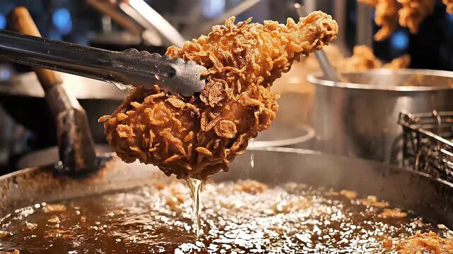 Golden Fried Chicken: A close-up shot of a succulent fried chicken leg, glistening with oil as it's lifted from a bubbling deep fryer. The image captures the art of cooking