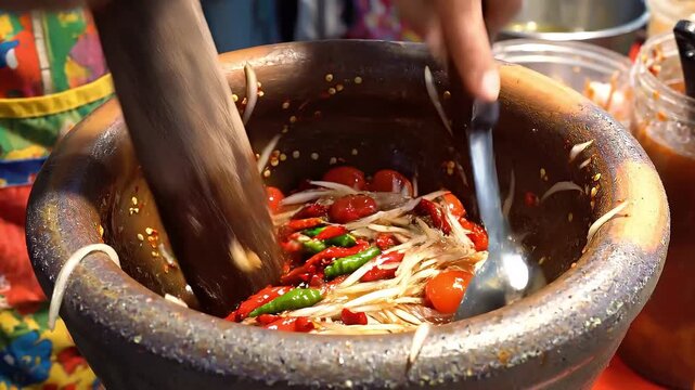 Papaya Salad Preparation: A close-up view of a hand meticulously crafting a vibrant papaya salad in a traditional mortar and pestle, showcasing the authentic preparation methods.