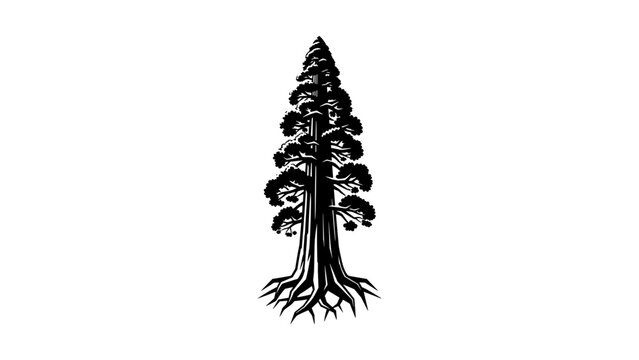Silhouette of a majestic sequoia tree with detailed roots and foliage on white background