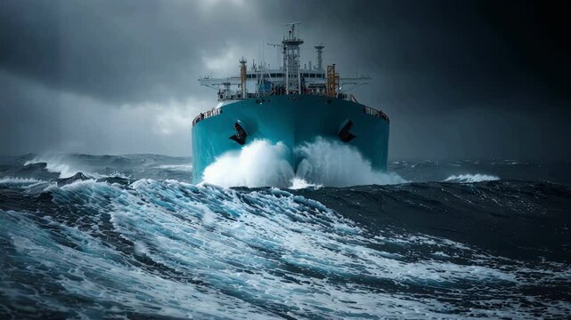 A massive cargo vessel crashes through huge rough ocean waves during a storm.