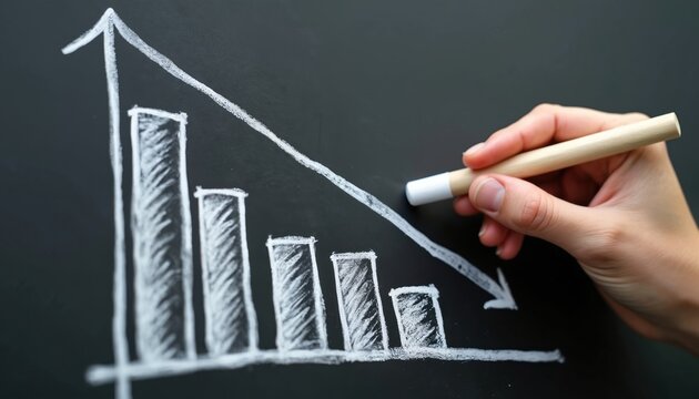 Hand draws a falling bar graph on a chalkboard. A downward trend line shows a decrease in values over time. This visual represents financial loss or economic decline.