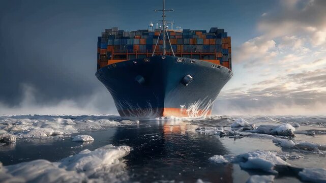 A container ship navigates a frozen icy ocean during a stunning golden sunset.