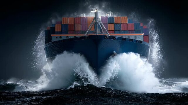 A massive container ship crashes through dark ocean waves in a storm.