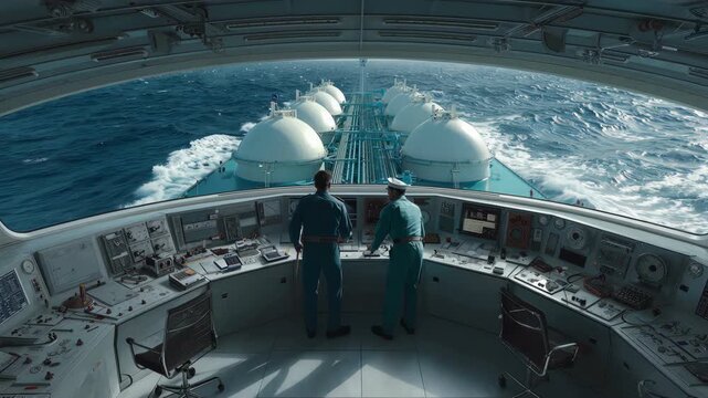 Two officers on a ship bridge observe the gas tanker deck on the sea.