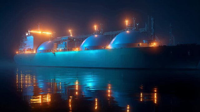 An illuminated gas tanker ship sails on a calm foggy ocean at night.