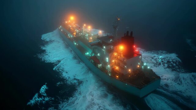 Aerial view of an illuminated tanker ship breaking ice in thick night fog.