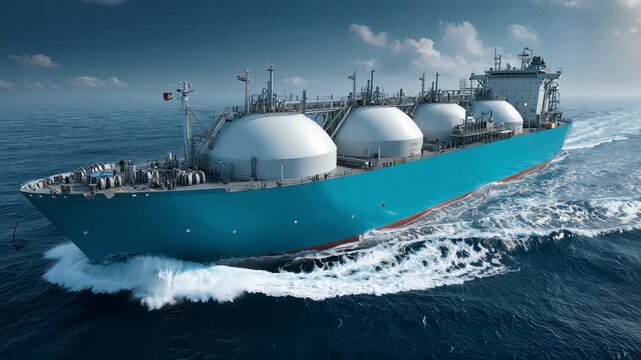 A massive blue gas carrier ship sails smoothly on a bright sunny ocean.