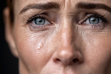 Naklejka premium Close up of a middle aged woman's face, tears rolling down her cheek showing deep emotion and the weight of her experiences etched in wrinkles.