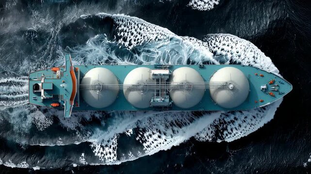 Top down aerial view of a gas tanker sailing through rough waves.