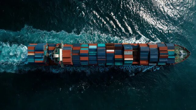 Top down aerial view of a large container ship sailing the ocean.