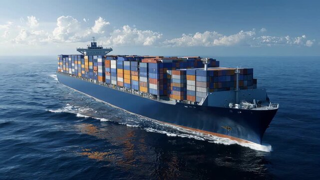 A large commercial container ship sails on a calm blue ocean.