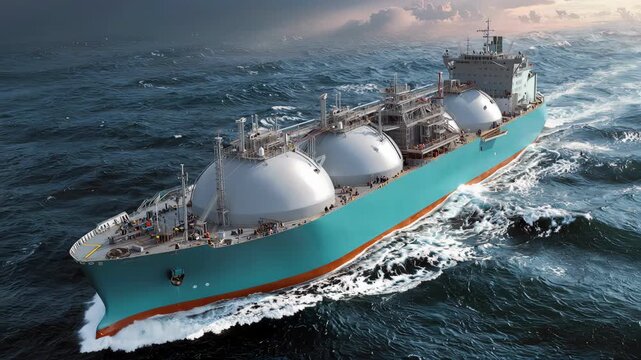 A massive gas tanker ship sails through rough ocean waves at golden sunset.