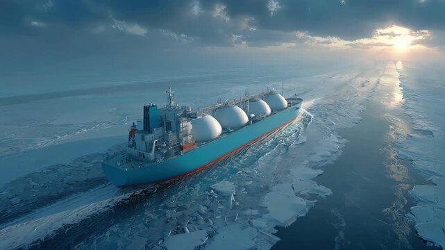 A gas tanker ship navigates through a frozen icy ocean channel at sunset.