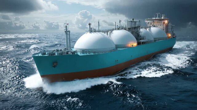 A massive gas tanker ship navigates through rough ocean waves under clouds.