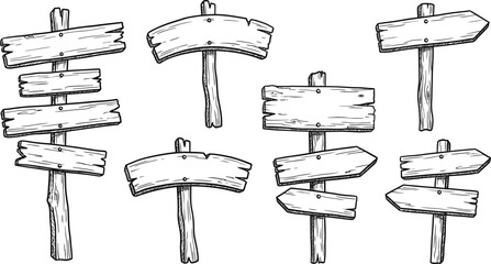Set of rustic wooden blank signs on wooden posts for directions © Firdaus