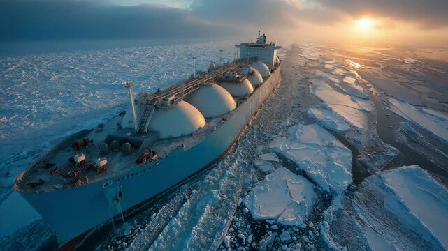 Aerial view of a massive gas tanker ship breaking through ocean ice at sunset.