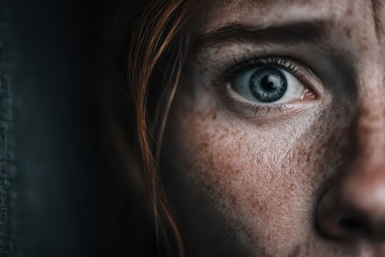 Close up portrait of a woman's face with freckles and captivating blue eye, emphasizing natural beauty and intriguing details in soft lighting.