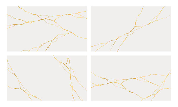 Set of white marble texture with gold cracks. Vector kintsugi background for elegant product design. Minimalist luxury pattern with veins for stationery, wedding card and wallpaper.