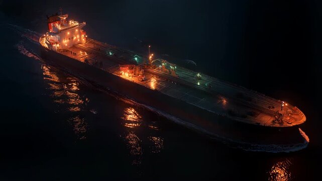 An illuminated commercial tanker ship navigates the dark ocean water at night.