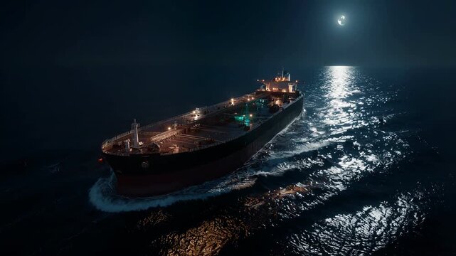 A large illuminated oil tanker ship sails on the dark ocean under a bright moon.