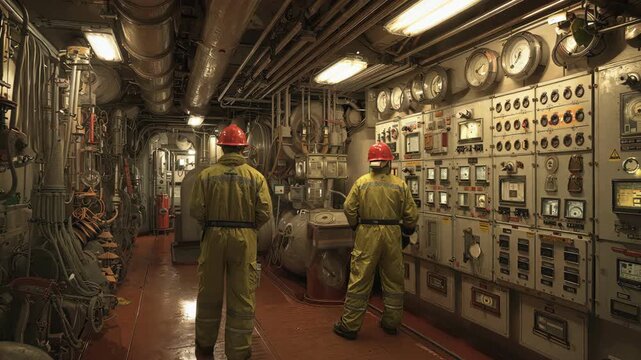 Two workers operate machinery inside the complex engine room of a large ship.