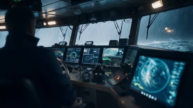 A silhouette of a marine officer navigating a ship through a dark ocean storm.