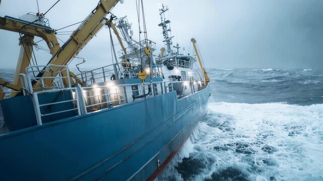 A large fishing trawler navigates through massive stormy ocean waves.