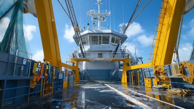 The wet deck of a commercial fishing trawler ship on a bright sunny day.