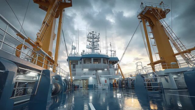 The wet deck of a modern commercial fishing ship at beautiful golden sunset.