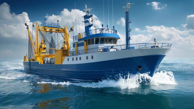 A commercial fishing trawler ship sails across a bright sunny blue ocean.