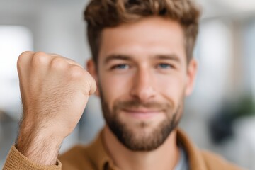 Obraz premium A blurry close-up of a confident young man with a beard raising his fist in victory, smiling with self-assurance and determination, showing great positivity and success.