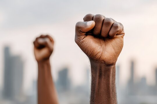 Two raised fists of African American men in solidarity against blurred cityscape. The black clenched fists held high in the air symbolize protest and resistance.