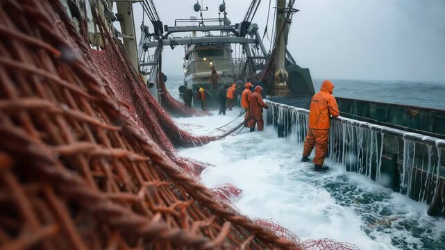 Commercial fishing crew hit by a massive wave on a vessel deck